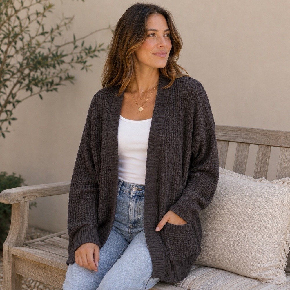 American Eagle Womens Medium Grey Waffle Knit Open Front Cardigan Sweater Pocket